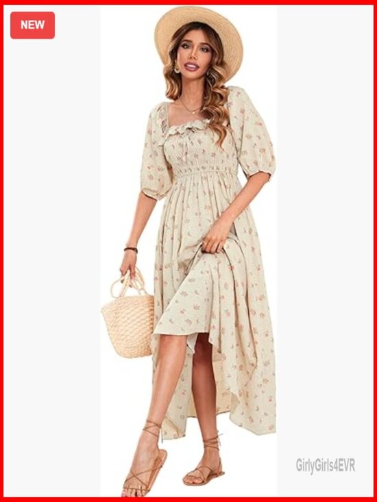 Dresses & Skirts - Women's Cotton Backless A-Line Flowy Midi Dress Ruffled Sleeves
